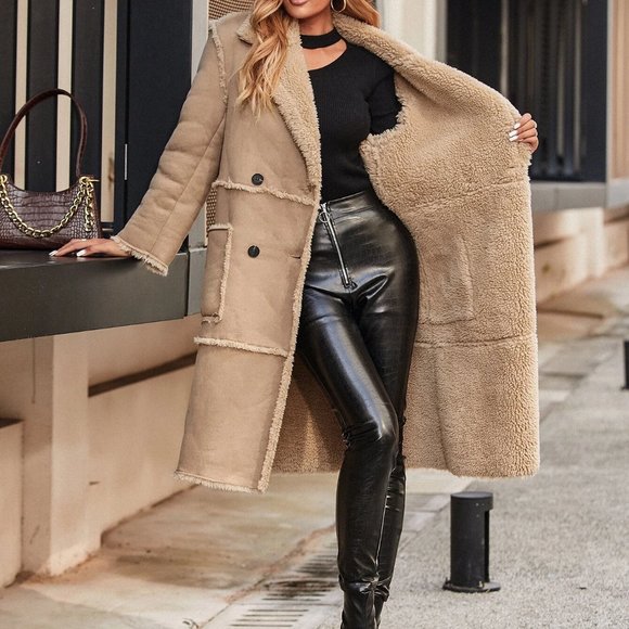 Reg or Plus Size camel Double Breasted Teddy lined faux suede Coat Jacket fall - Picture 3 of 11